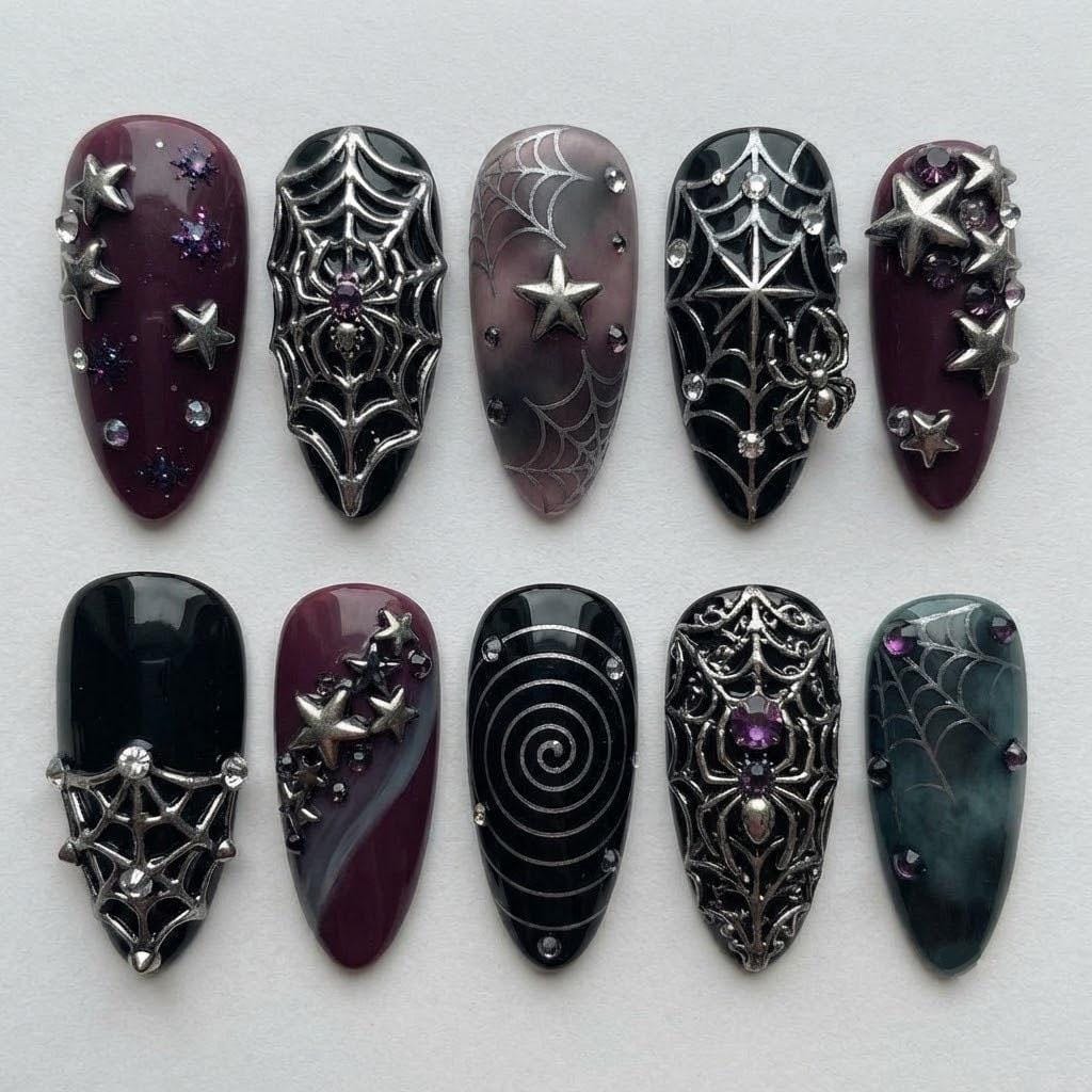 Gothic Spiderweb Press On Nails With Silver Stars and Purple Rhinestones