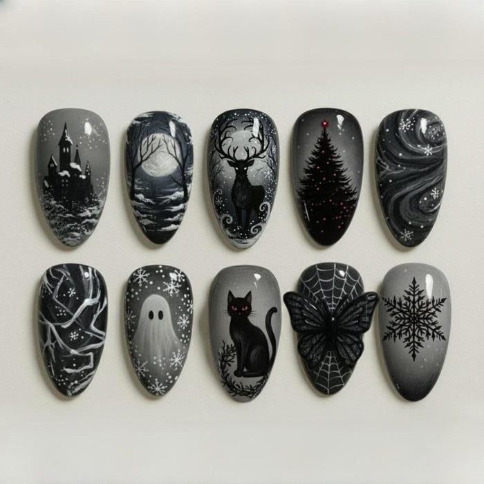 Gothic Spooky Christmas Press-On Nails with Black Cat, Ghost, Snowflakes, and Raised Butterfly