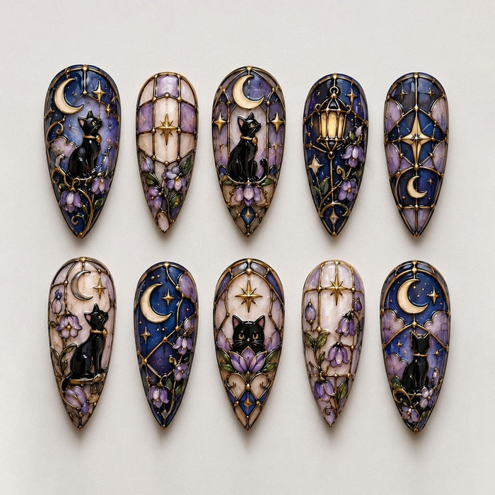 Gothic Stained Glass Cat and Crescent Moon Press On Nail Set