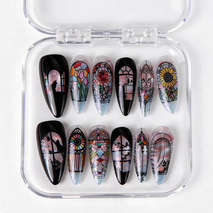 Gothic Stained Glass Cathedral and Moonlit Cat Press On Nail Set