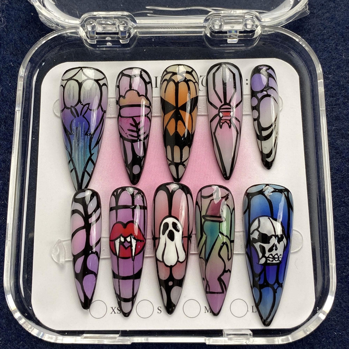 Gothic Stained Glass Halloween Press-On Nails with Spiderwebs, Vampire Lips, Ghost and Skull