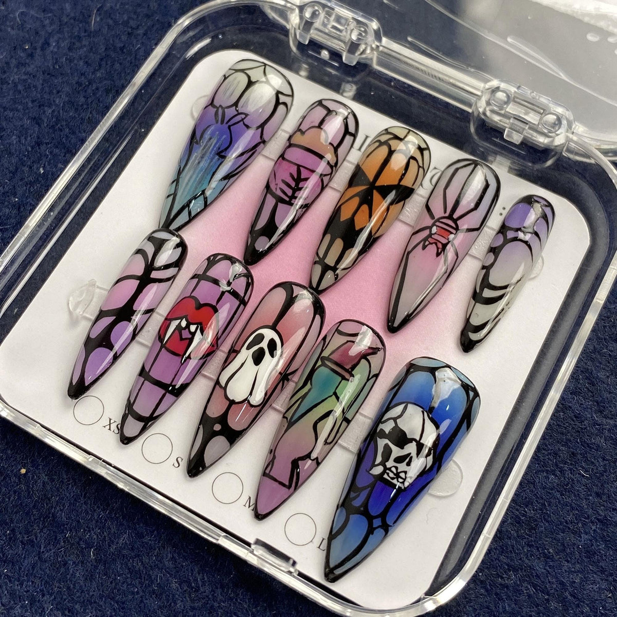 Gothic Stained Glass Halloween Press-On Nails with Spiderwebs, Vampire Lips, Ghost and Skull