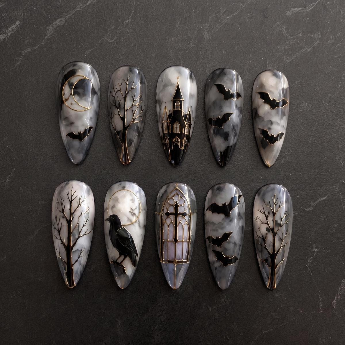Gothic Stained Glass Press-On Nails With Bats, Raven, Moon, and Gold Lines