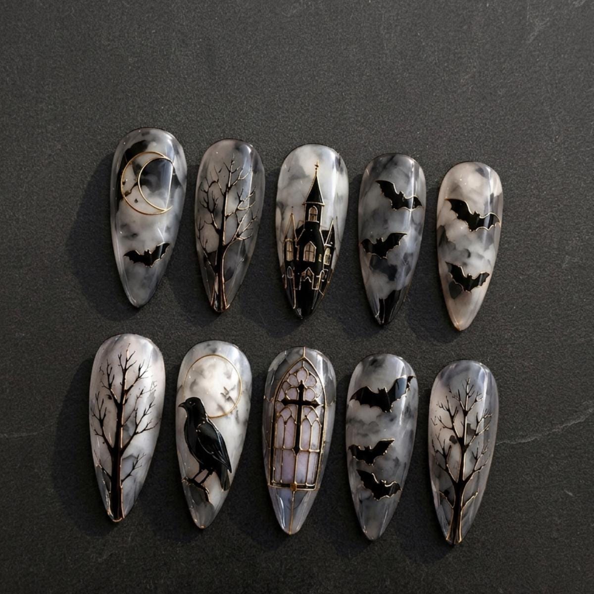 Gothic Stained Glass Press-On Nails With Bats, Raven, Moon, and Gold Lines