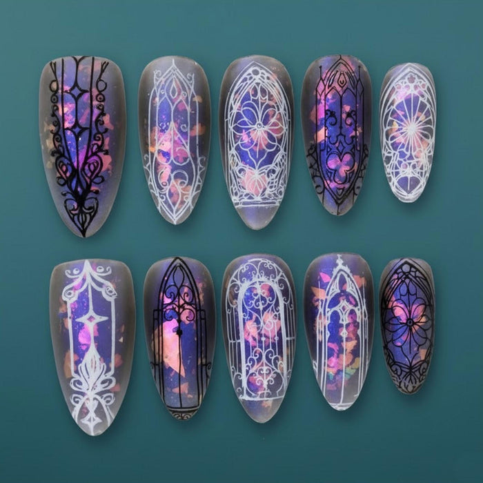 Gothic Stained Glass Press On Nails with Iridescent Opal Foil