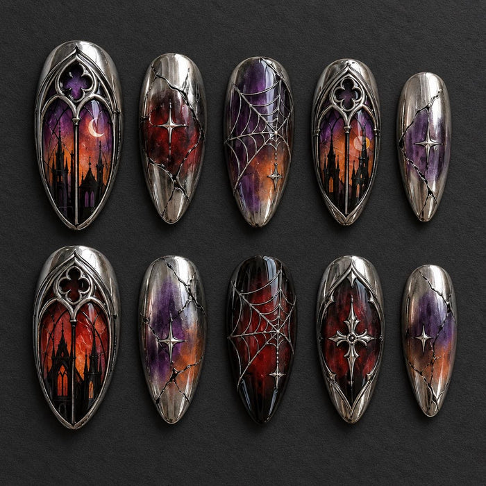 Gothic Stained Glass Press On Nails With Silver Cathedral Frames and Spiderwebs