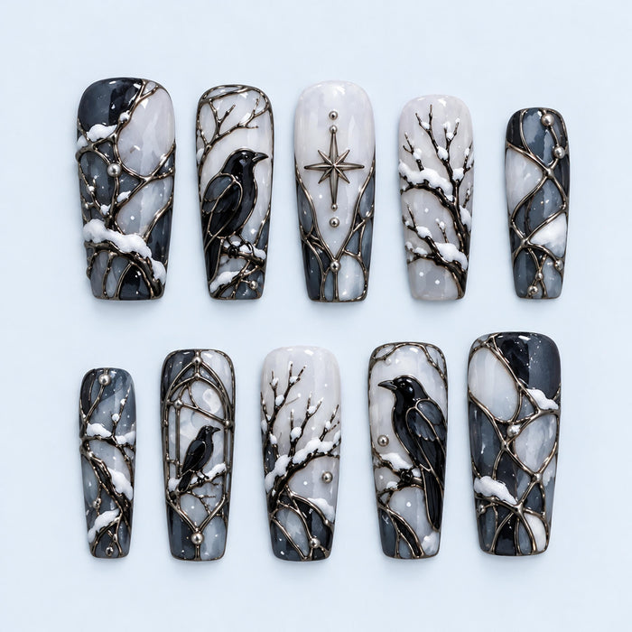 Gothic Stained Glass Raven Press On Nails with Snowy Branches and Silver Star