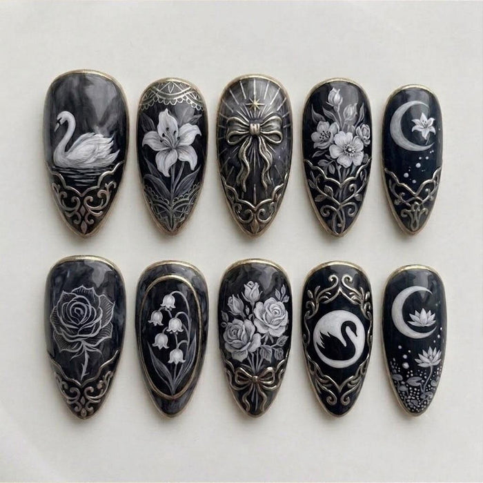 Gothic Swan and Floral Press On Nails with Antique Silver Details