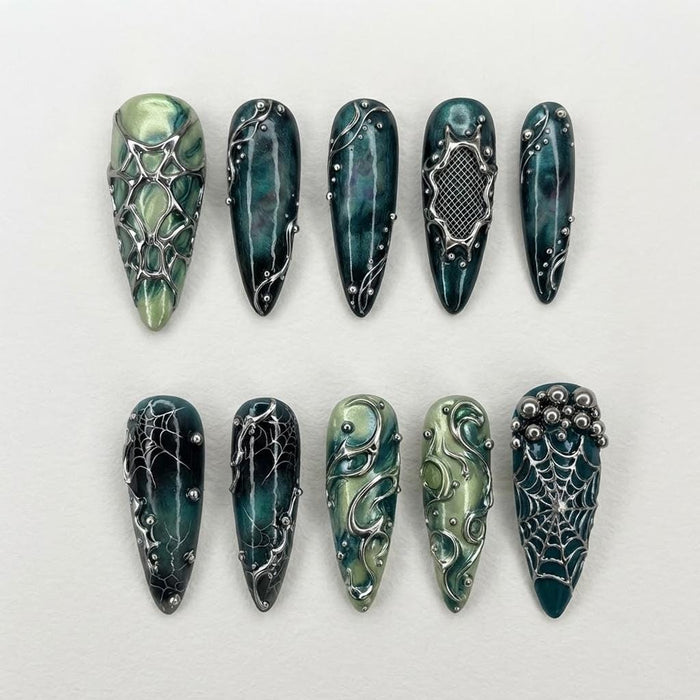 Gothic Teal Marble Press On Nails With Silver Webs and Filigree