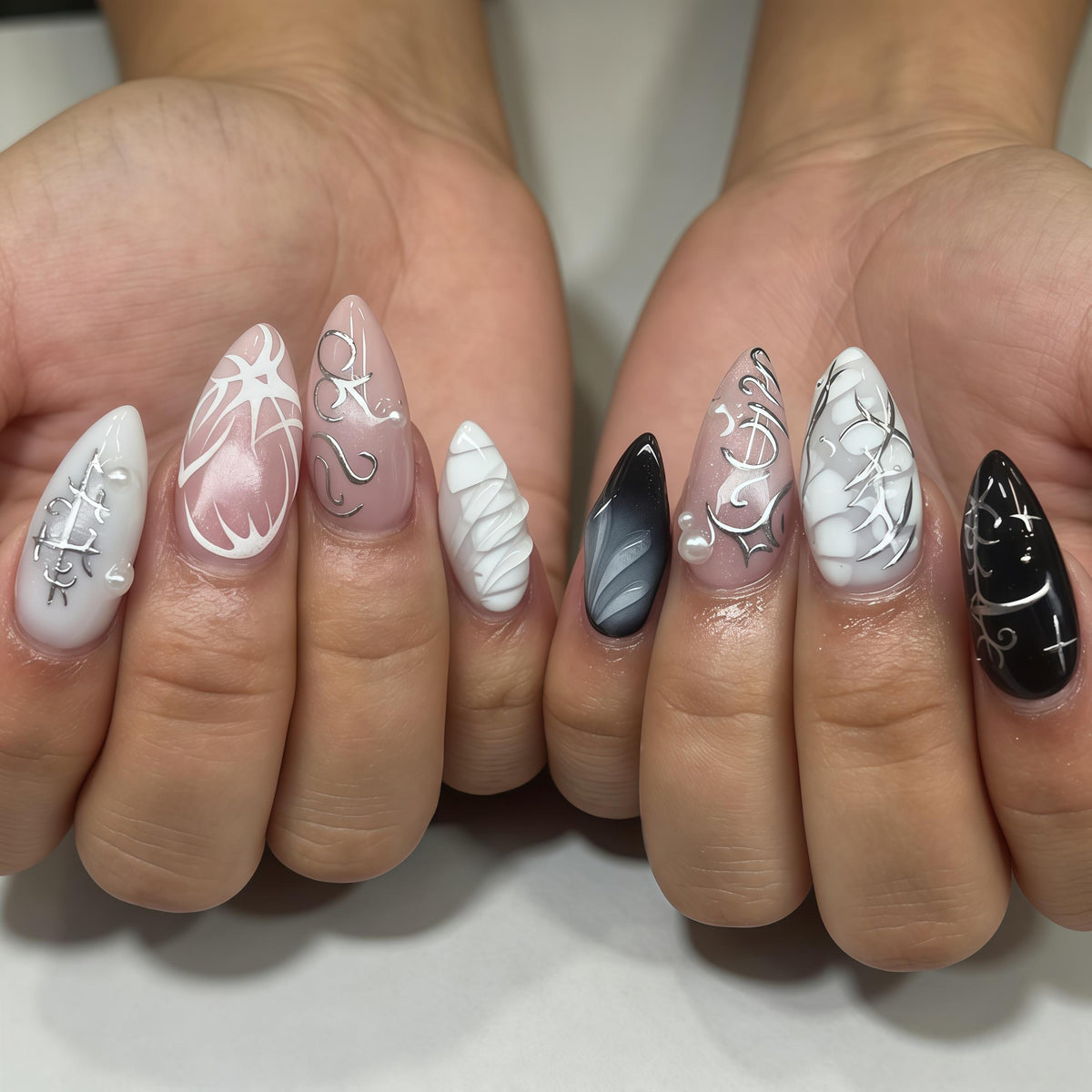 Gothic Thorn Nail Set With Black, White, Blush, and Silver Details