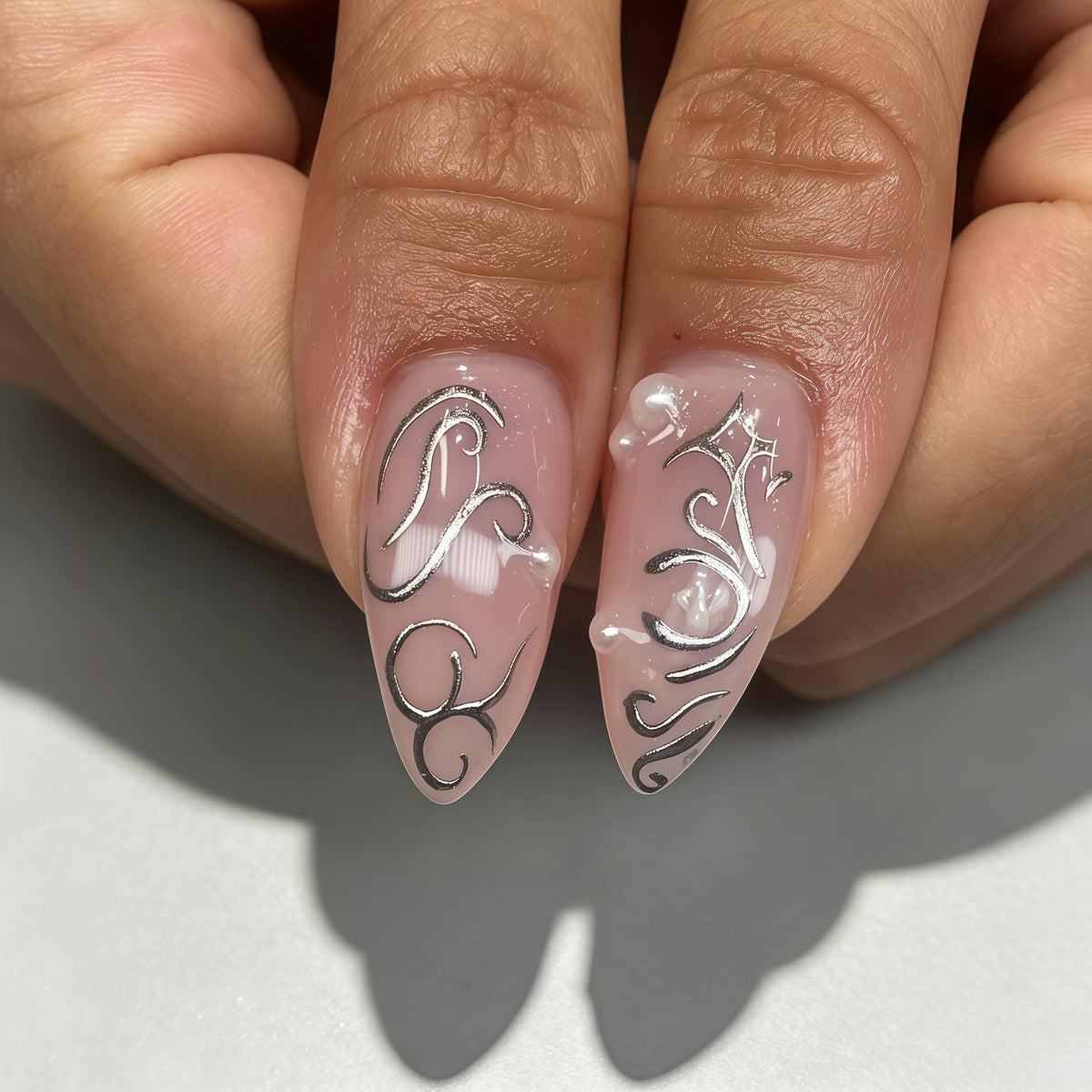 Gothic Thorn Nail Set With Black, White, Blush, and Silver Details