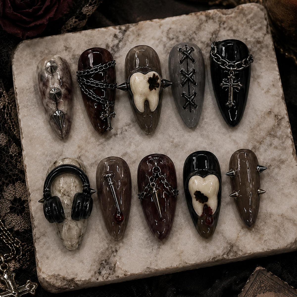 Gothic Tooth Press-On Nails With Chains, Crosses, Spikes, and Daggers