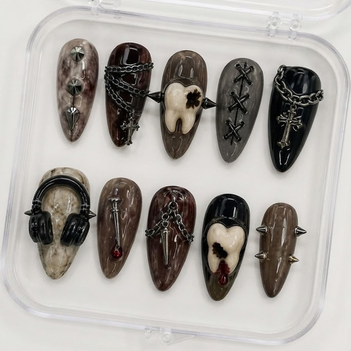 Gothic Tooth Press-On Nails With Chains, Crosses, Spikes, and Daggers