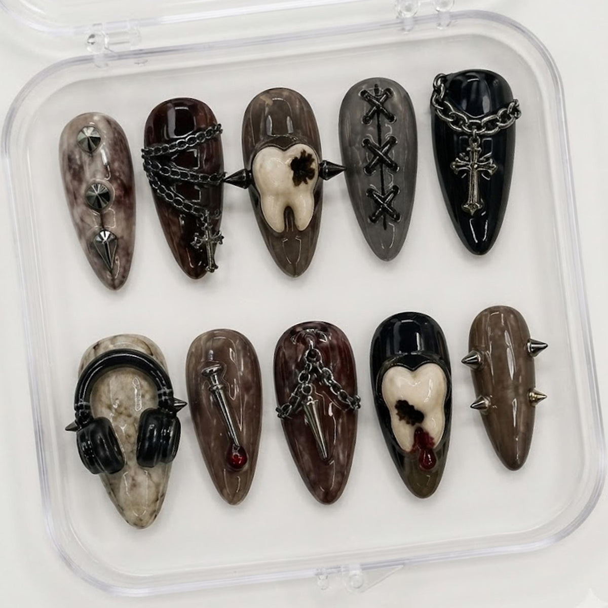 Gothic Tooth Press-On Nails With Chains, Crosses, Spikes, and Daggers