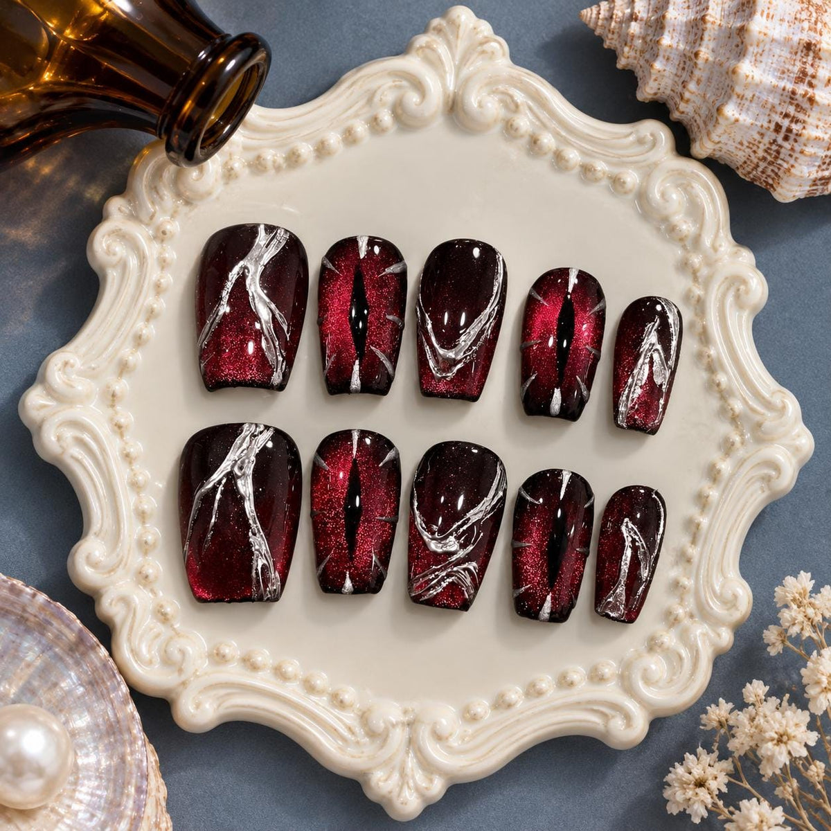 Gothic Vampire Burgundy and Black Cat Eye Press On Nails with Raised Silver Swirls