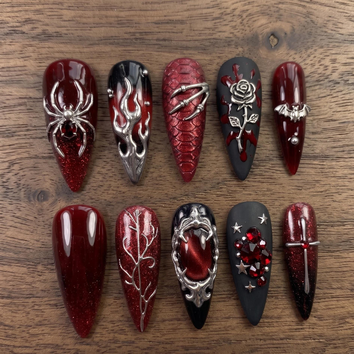 Gothic Vampire Burgundy and Black Nails With Silver 3D Details