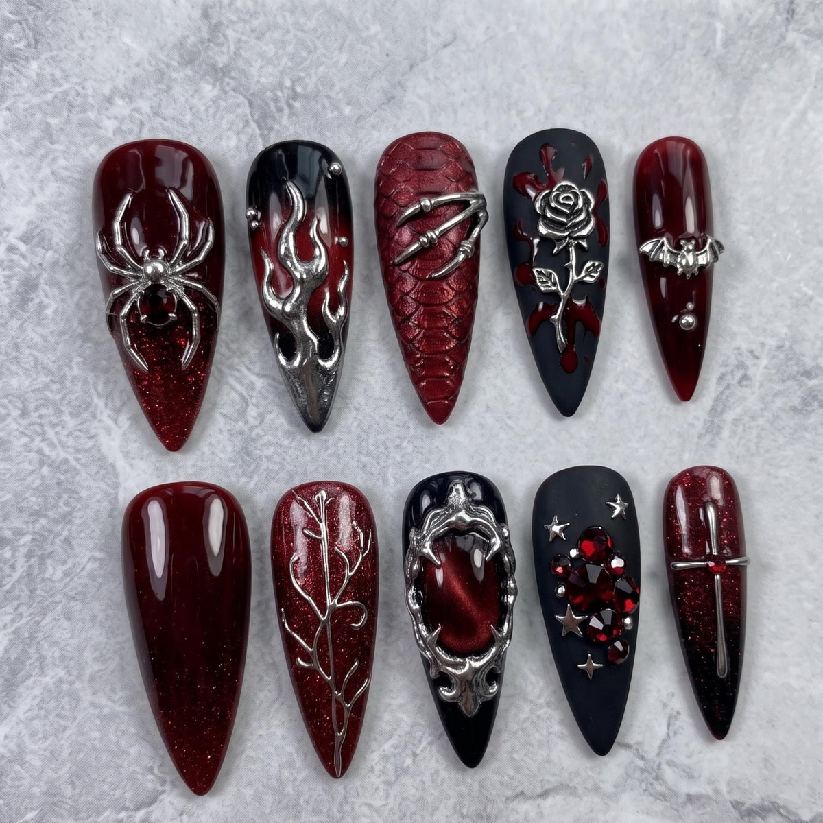 Gothic Vampire Burgundy and Black Nails With Silver 3D Details
