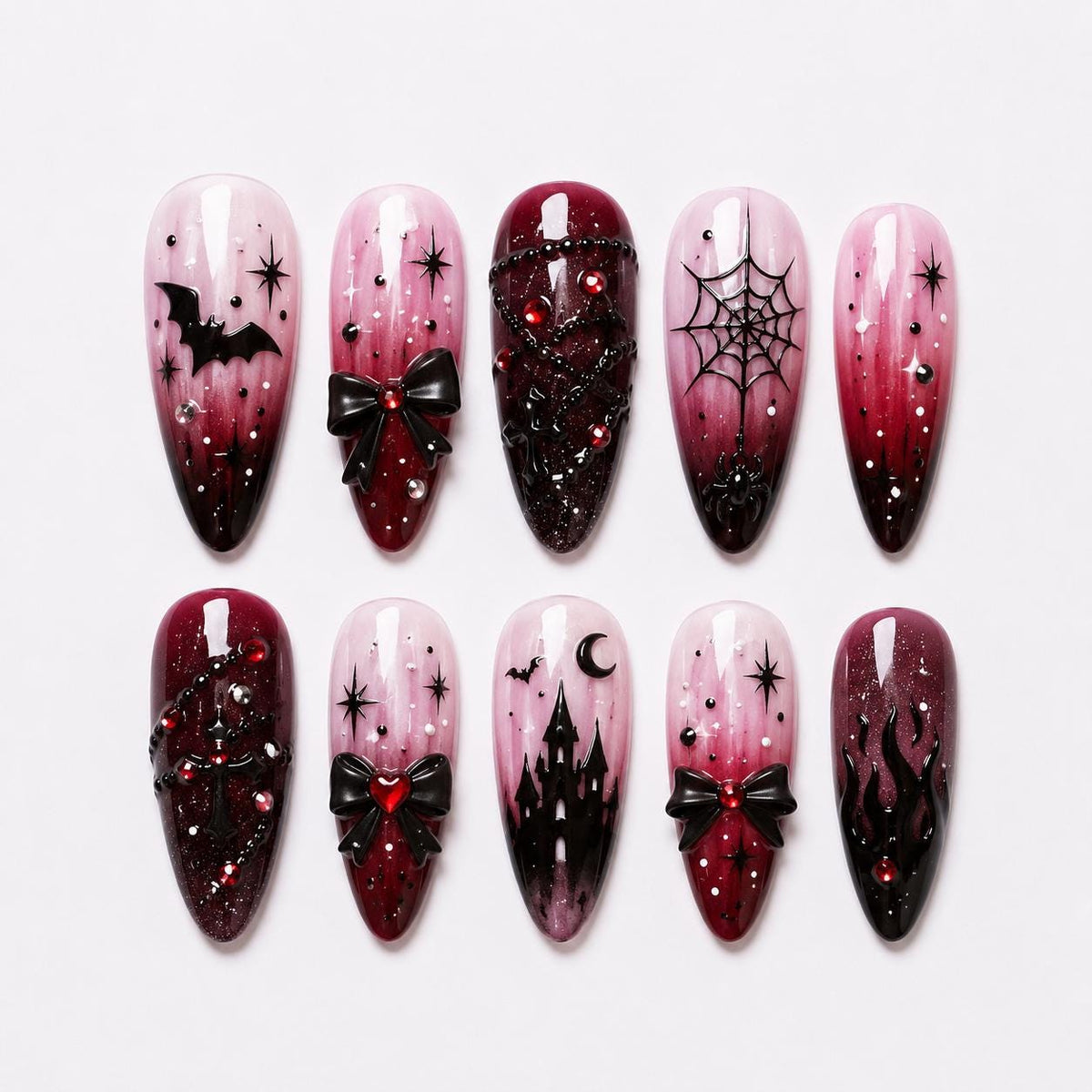 Gothic Vampire Halloween Nails With Bats, Bows, Spiderwebs and Castle Art