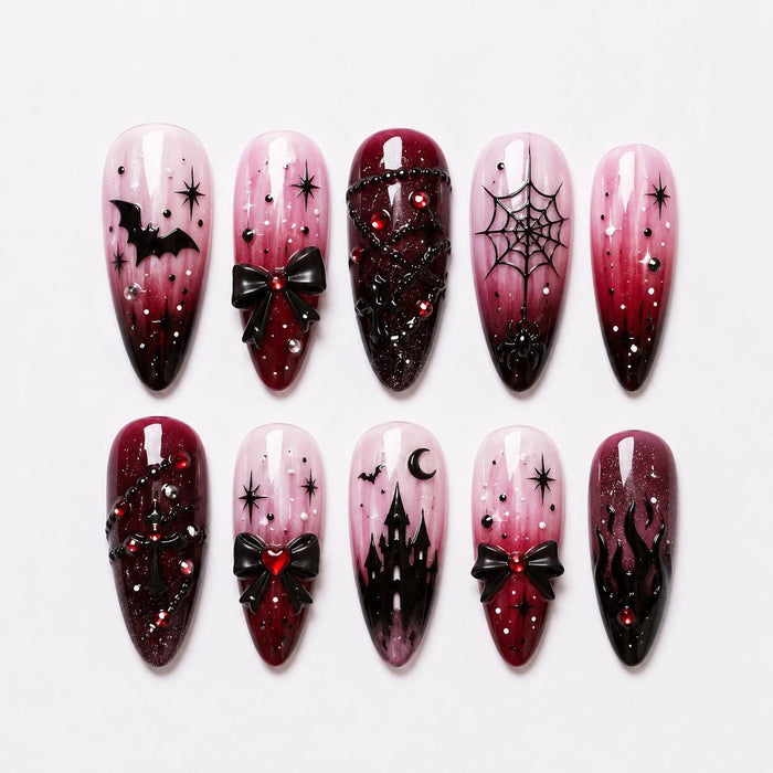 Gothic Vampire Halloween Press On Nails With Bats, Bows, Spiderwebs and Castle Art