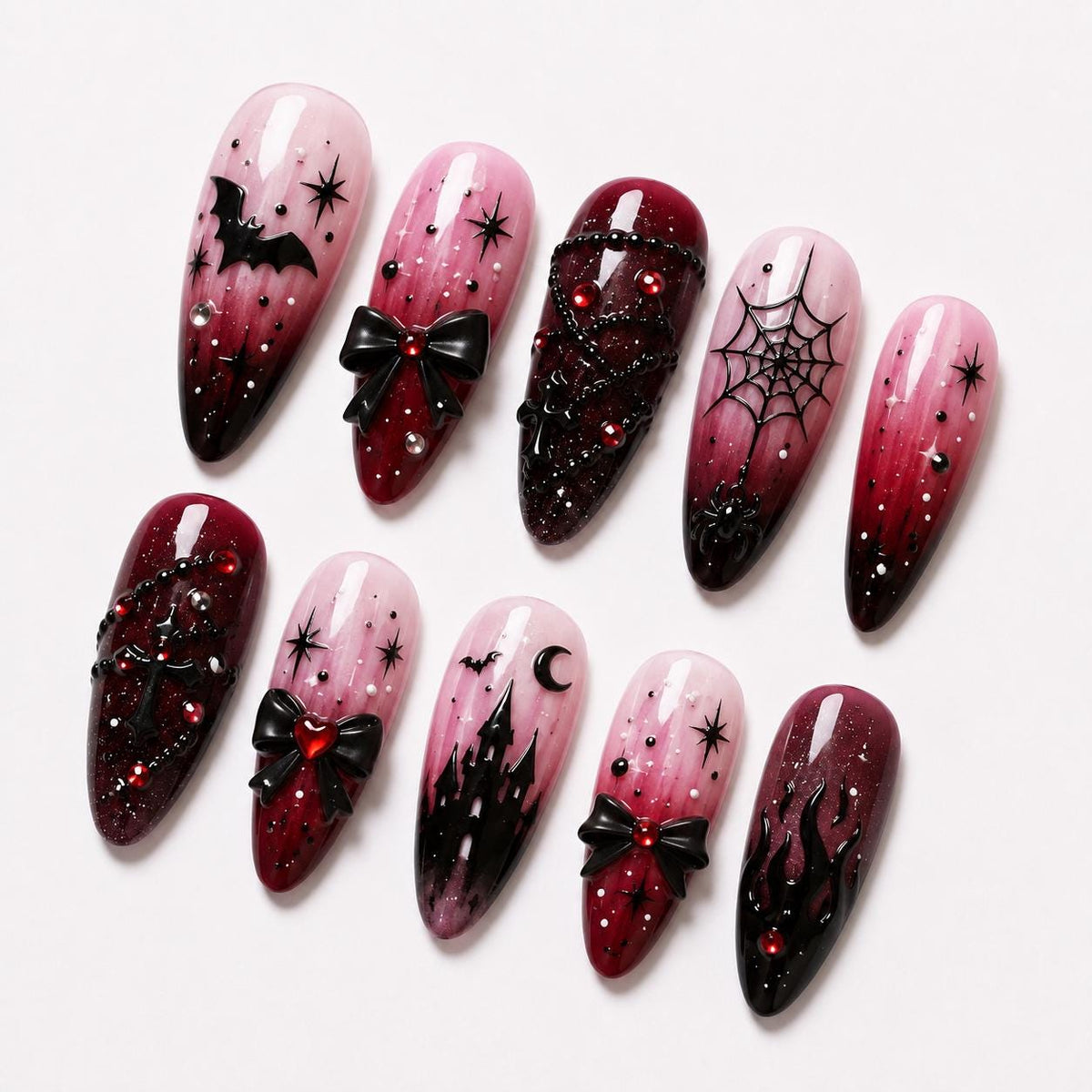 Gothic Vampire Halloween Nails With Bats, Bows, Spiderwebs and Castle Art