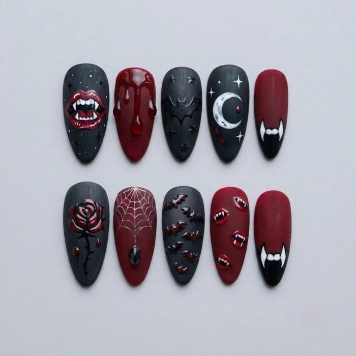Gothic Vampire Halloween Press On Nails With Fangs, Blood Drips, Bats, Moon and Spiderweb