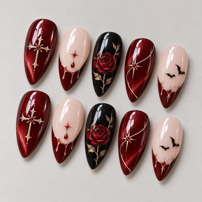 Gothic Vampire Press On Nails With Red Roses, Crosses and Bat Accents