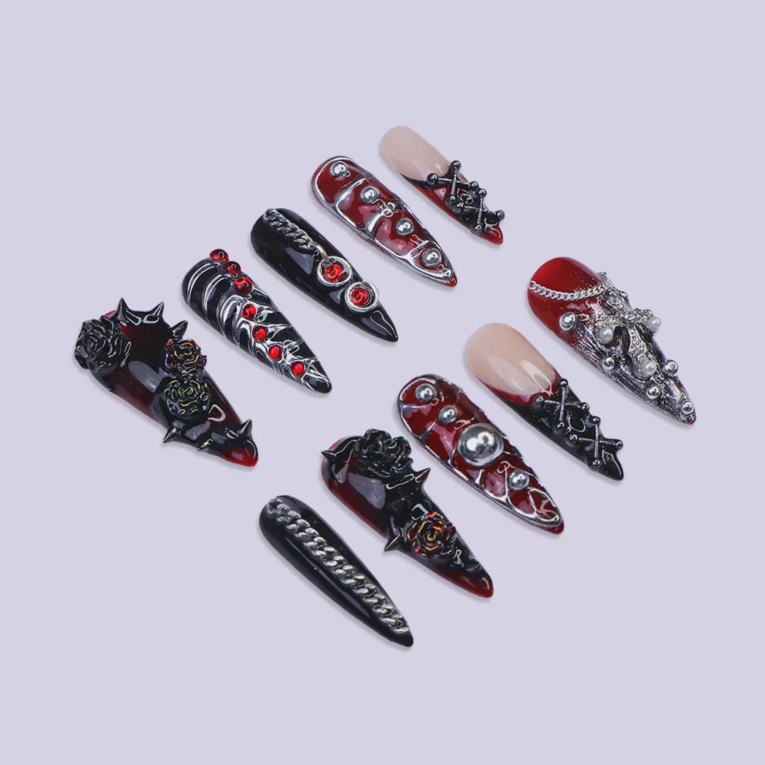 Gothic Vampire Press-On Nails with Roses, Chains and Red Gems