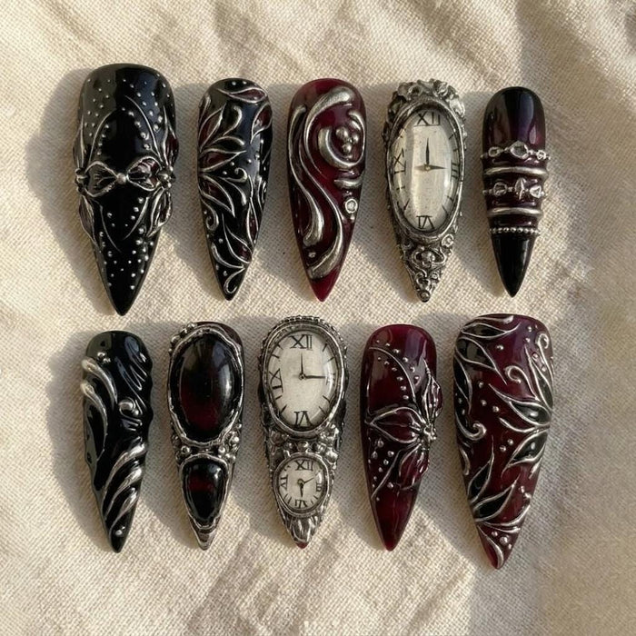 Gothic Victorian Press On Nails With Silver Filigree and Antique Clock Faces
