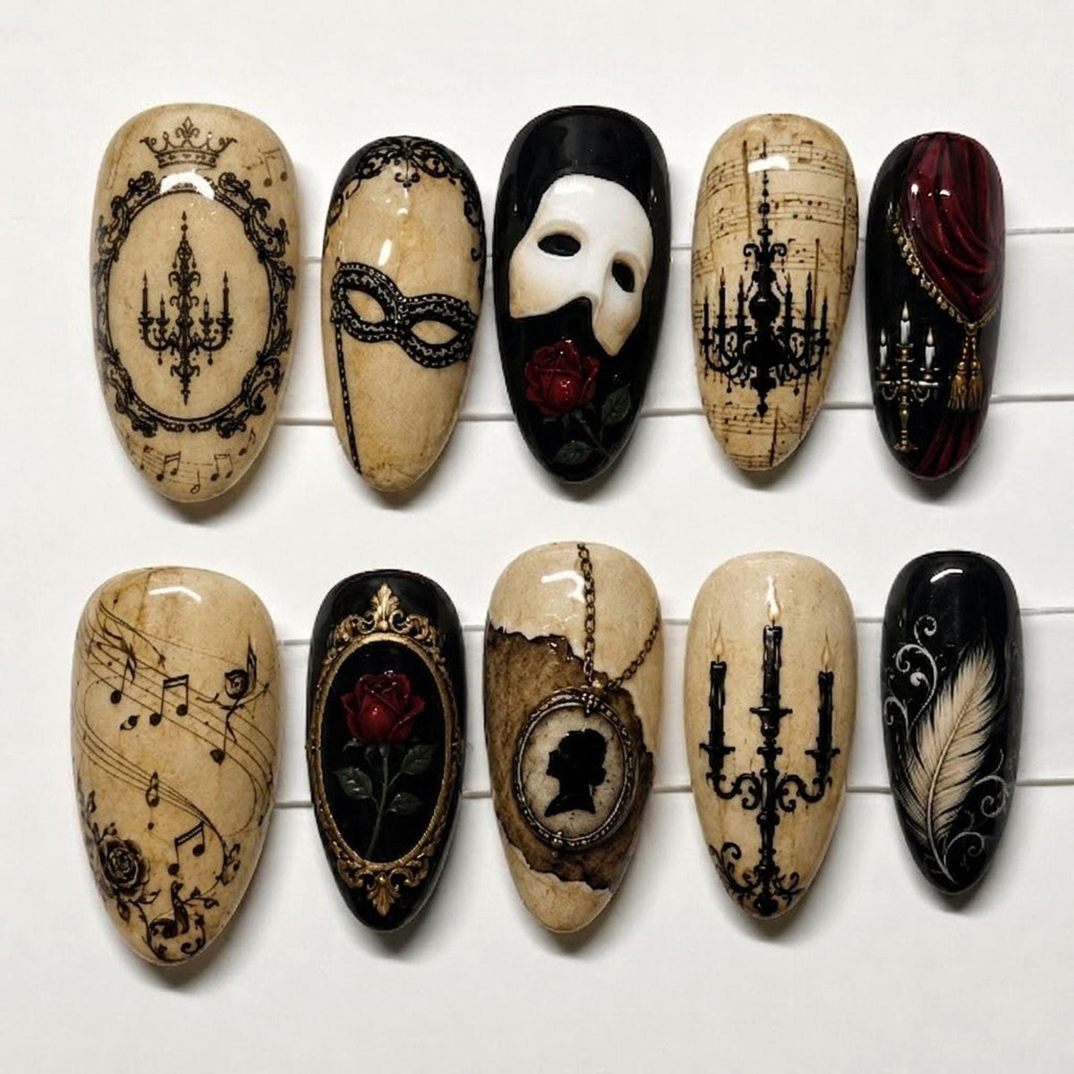 Gothic Victorian Romance Nails With Mask, Roses and Musical Art