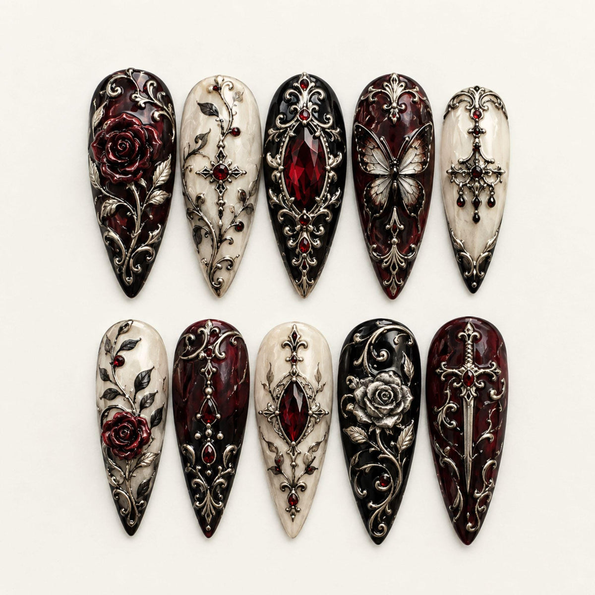 Gothic Victorian Rose, Butterfly & Cross Nail Set in Burgundy, Black and Ivory