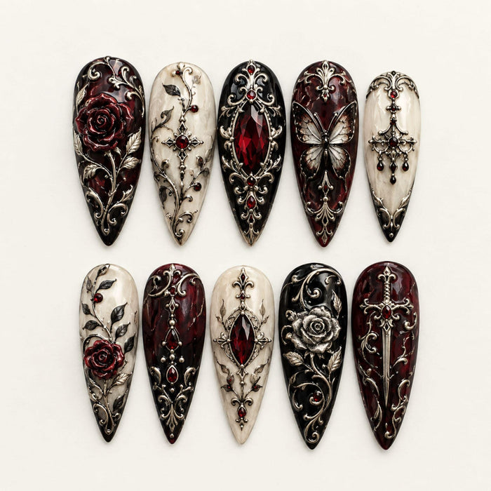 Gothic Victorian Rose, Butterfly & Cross Press On Nail Set in Burgundy, Black and Ivory
