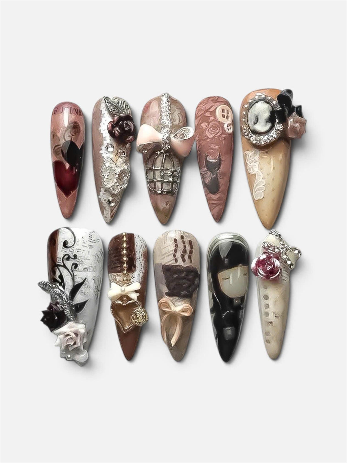 Gothic Victorian Rose Nail Set With 3D Bows, Cameo Details, Lace and Metallic Accents