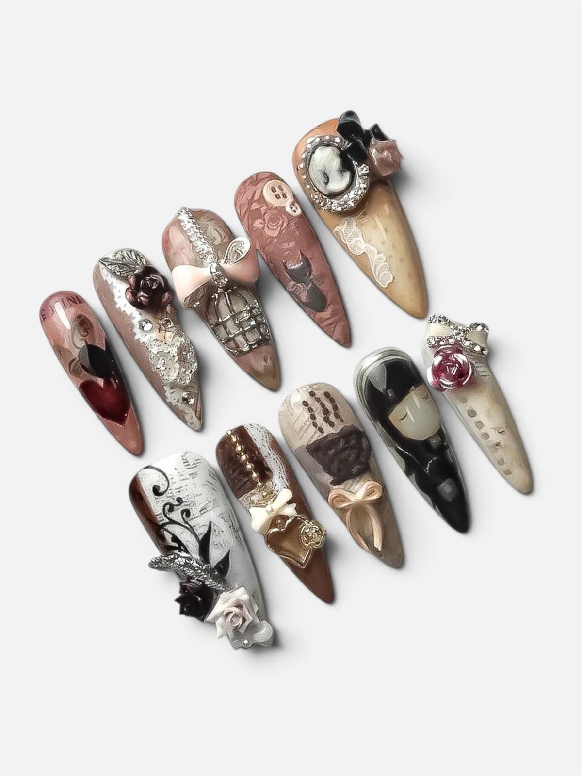 Gothic Victorian Rose Nail Set With 3D Bows, Cameo Details, Lace and Metallic Accents