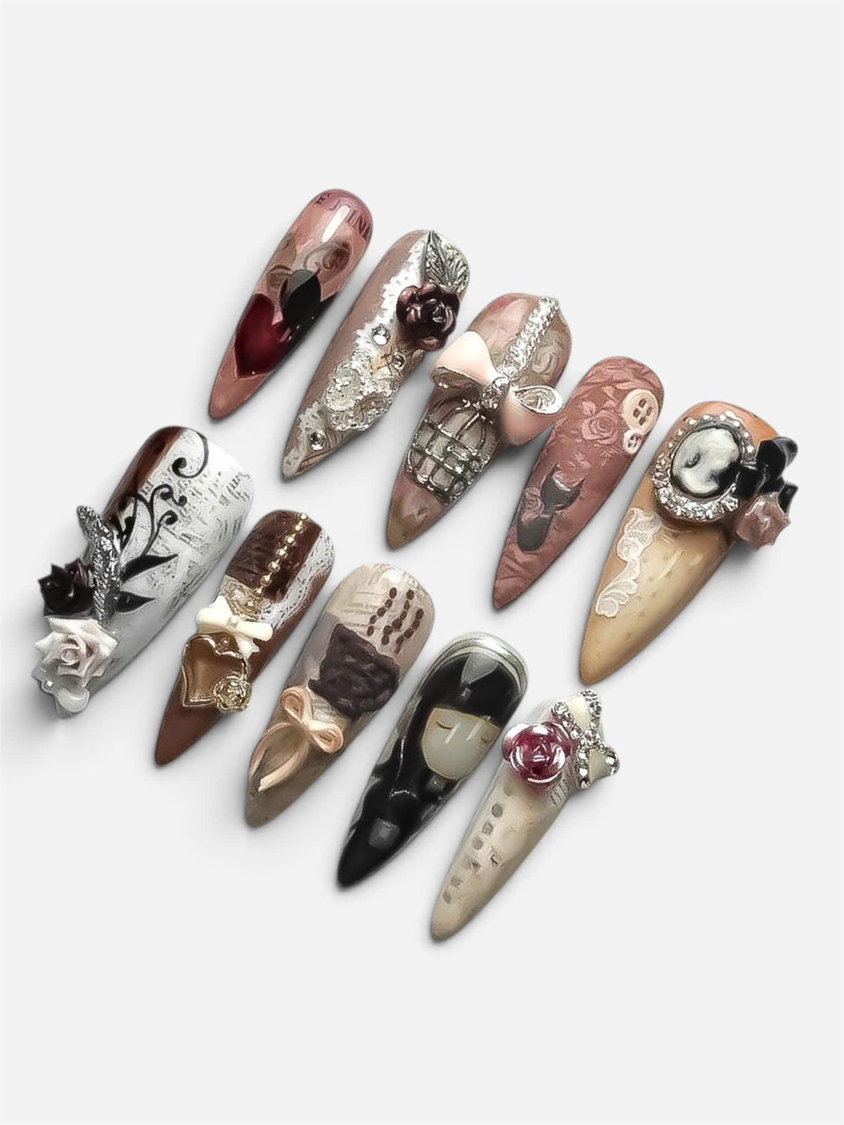Gothic Victorian Rose Nail Set With 3D Bows, Cameo Details, Lace and Metallic Accents