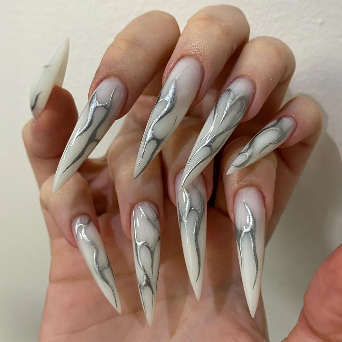 Gothic White and Pale Gray Nails with Silver Flame Designs