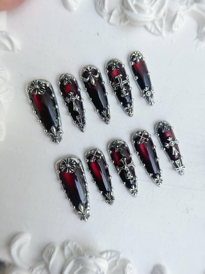 Gothic Wine Red and Black Press On Nails with Silver Cross Charms and Chrome Details