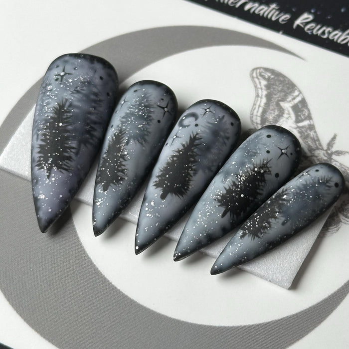 Gothic Winter Forest Press On Nails With Black Evergreens and Silver Glitter