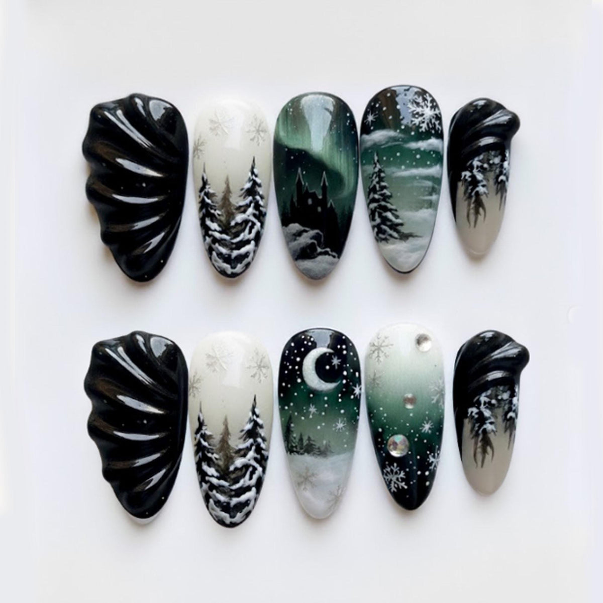 Gothic Winter Forest Press On Nails With Moon, Stars and Snowflakes
