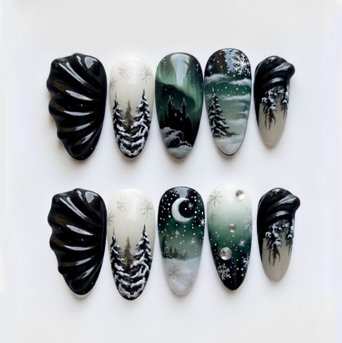 Gothic Winter Forest Press On Nails With Moon, Stars and Snowflakes