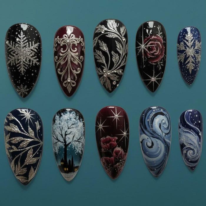 Gothic Winter Press On Nail Set With Silver Filigree, Snowflakes, Roses, and Starry Skies