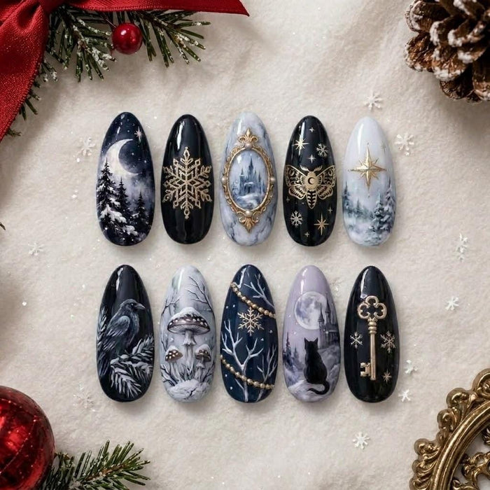 Gothic Winter Press On Nails With Snowy Forests, Moon Scenes, Ravens, Cats and Gold Accents