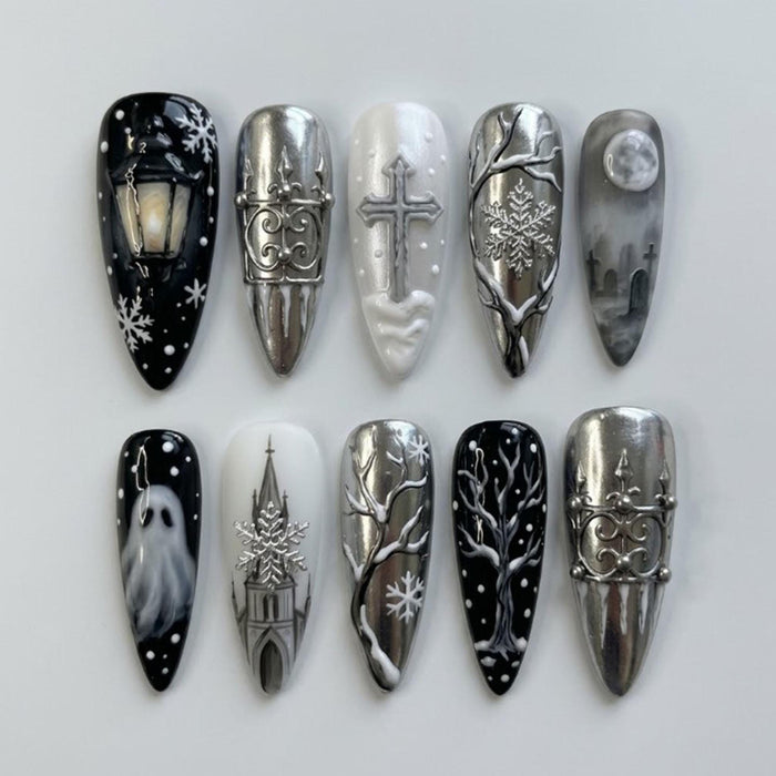 Gothic Winter Night Press On Nails with Silver Gate, Ghost, Lantern and Snowflakes