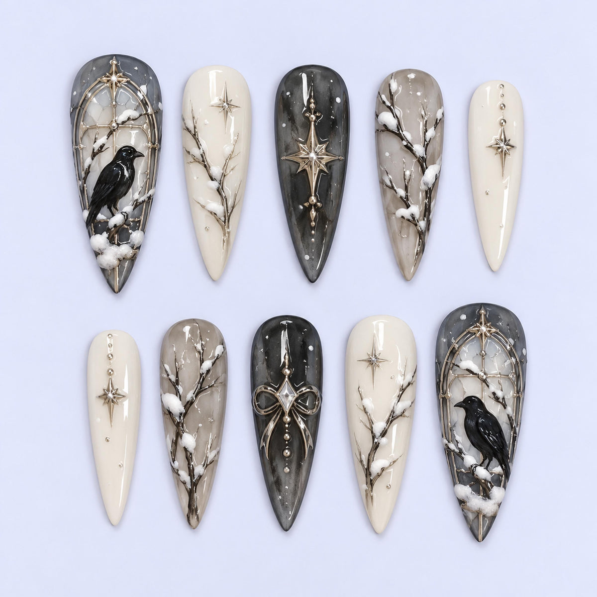 Gothic Winter Raven Cathedral Window Nails in Smoky Gray, Black, and Ivory