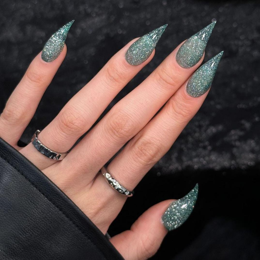 Gothic Witchy Dark Gray-Green Glitter Press-On Nail Set