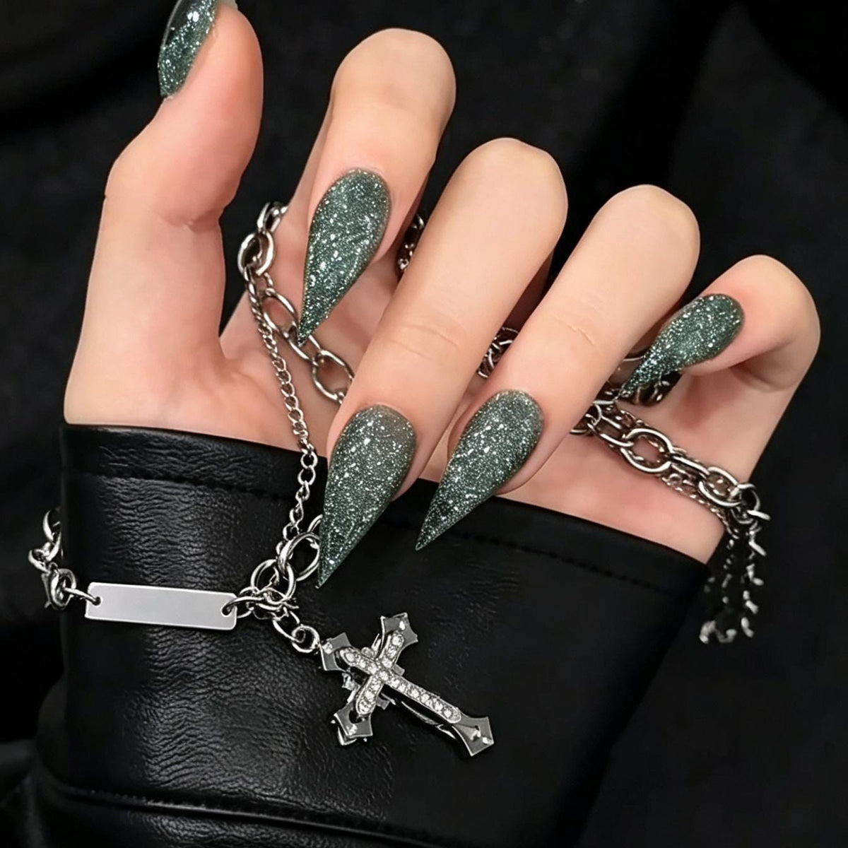 Gothic Witchy Dark Gray-Green Glitter Press-On Nail Set