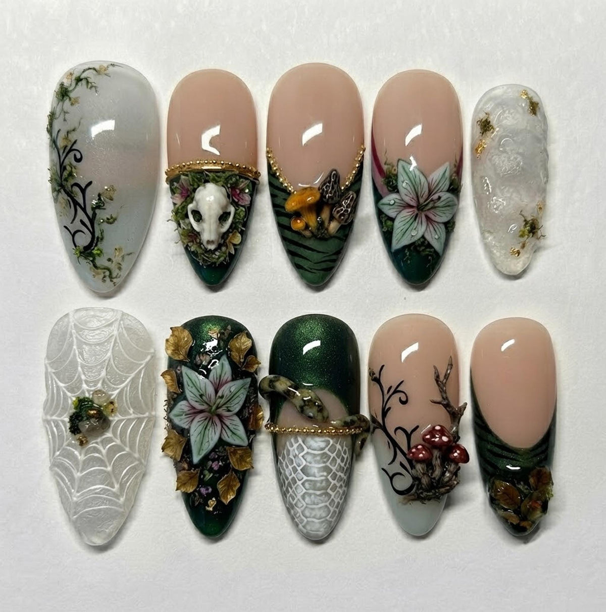 Gothic Woodland Skull, Mushroom & Floral Spiderweb Nail Set