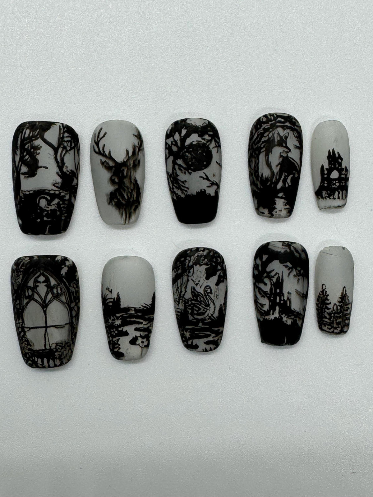 Gothic Woodland Storybook Nails With Monochrome Animal Illustrations
