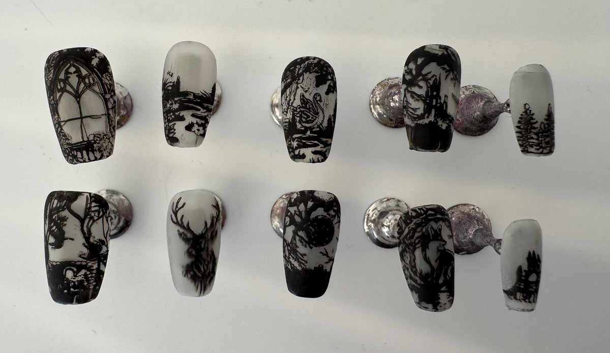 Gothic Woodland Storybook Nails With Monochrome Animal Illustrations