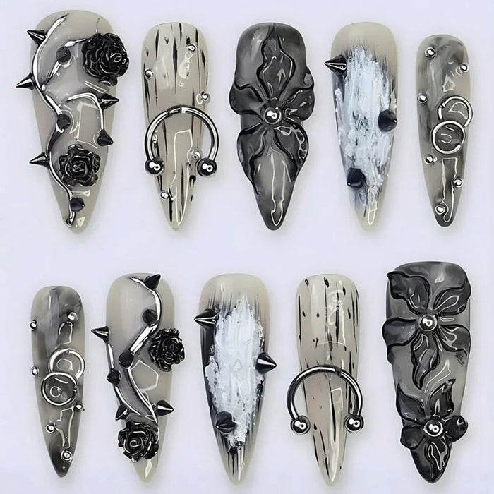 Gray and Black Gothic Press On Nails With Sculpted Flowers, Silver Scrollwork and Spikes