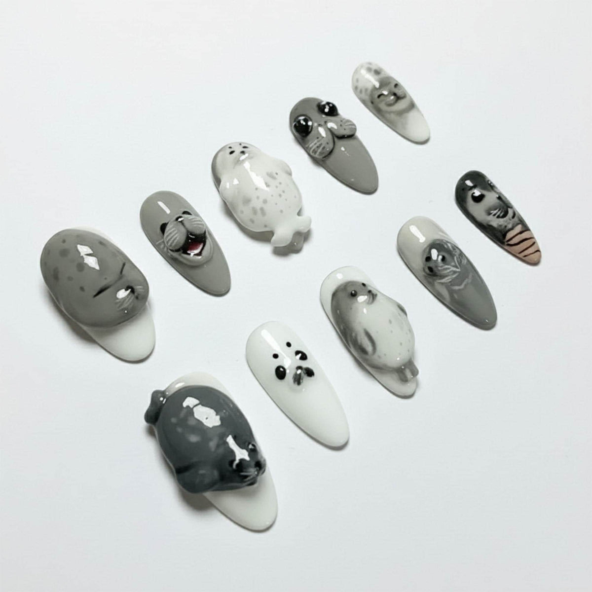Gray and White 3D Seal Press-On Nails